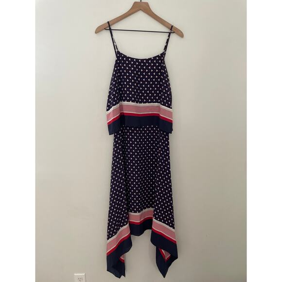 Joie Seia Handkerchief Dress Medium Navy Blue Silk Midi Triangle Print Casual - Picture 2 of 10